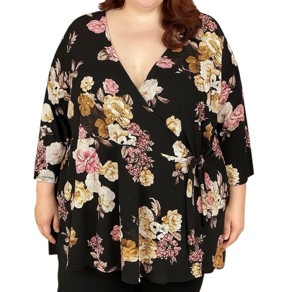 NWT Torrid 4 (4X) Long Sleeve Black Floral Print Wrap Shirt Blouse Stretch - Picture 1 of 11